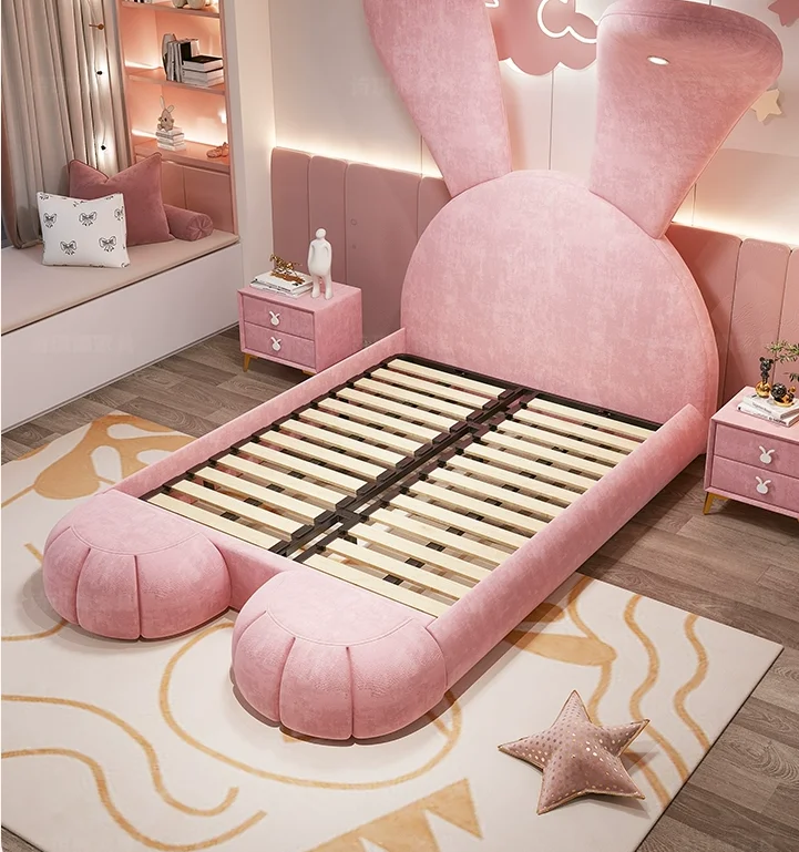 Children's Bed Girl Princess Bed Solid Wood Little Boy Single Bedroom Rabbit Fabric Bed