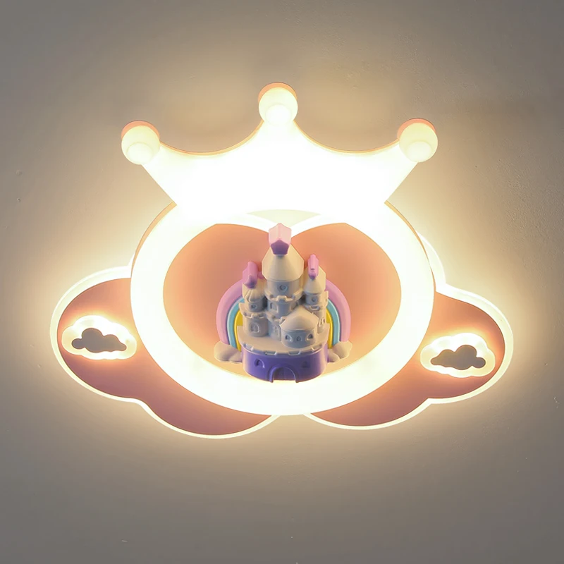 Pink Princess Room Chandelier Light Crown Design Blue Pink Castle Ceiling Lamp for Children's Room Girl Boy Bedroom LED Lighting