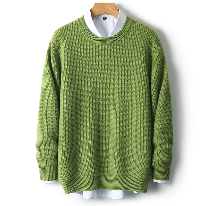 New 100% Wool Men's Thicken O-Neck Sweater Autumn Winter Male Solid Color Knitted Pullover Long Sleeve Casual Tops All-Match