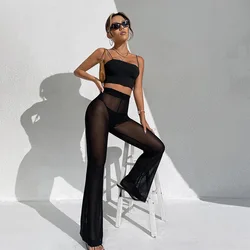 Europe And The United States New Hot-selling Mesh See-through Flared Pants Summer Fashion Sexy High-waisted Breathable Pants