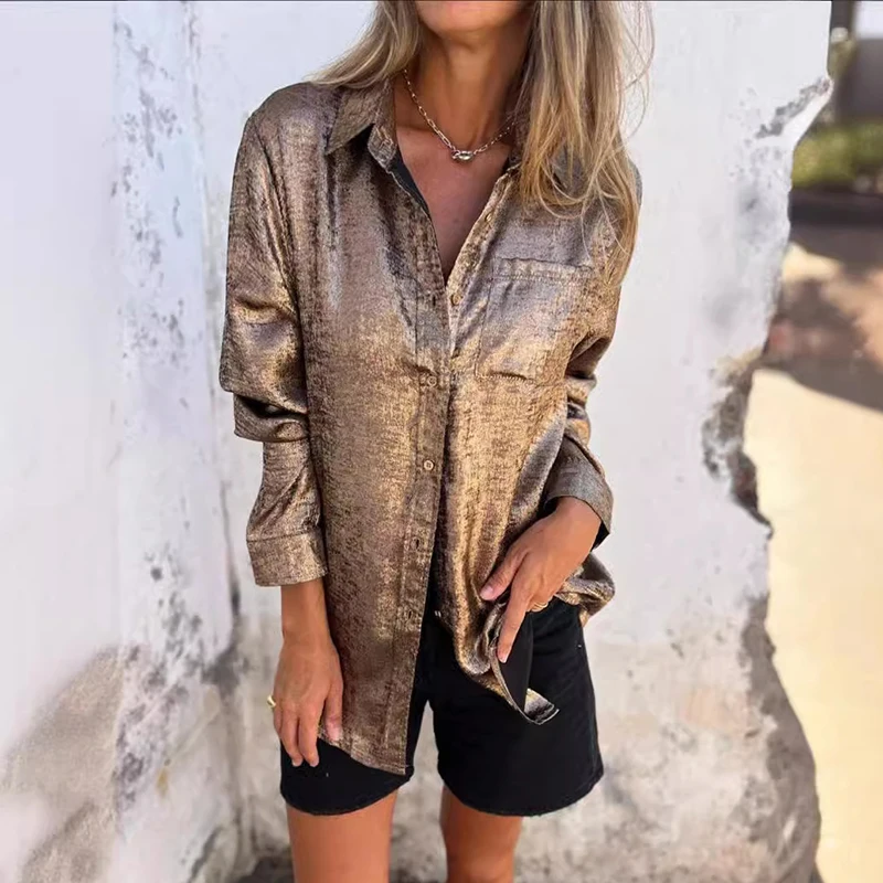 

Women Casual Suede Fashionable Lapel Shirt Spring Elegant Single Breasted Office Blouse Autumn Long Sleeve Loose Long Tops Mujer