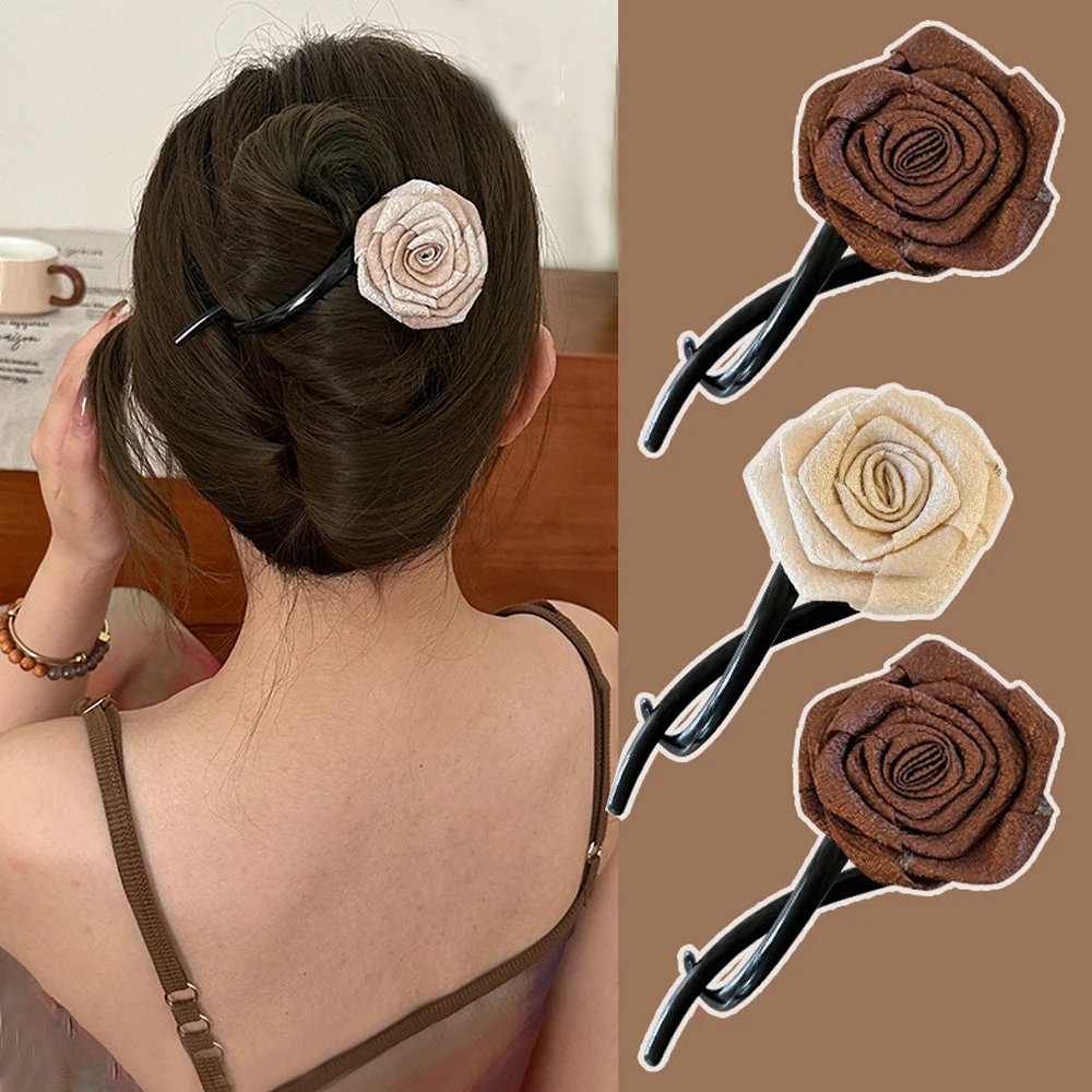 Dried Rose Hair Clip  For Women Elegant Back Hairpins Twisted Hollow Out Shark Clip Vintage Sweet Ponytail Clip Buckle Barrettes