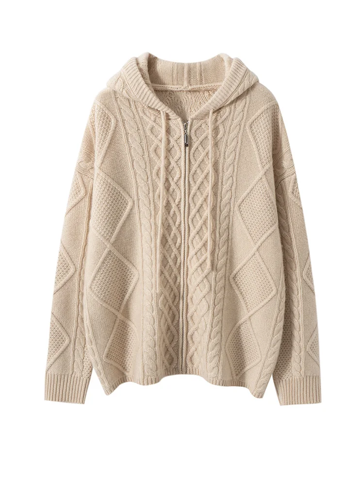 

Women's Sweater Casual Hooded Cardigan Sweater 100% Cashmere Clothes Jacquard Drawstring Autumn Winter Fashion Warm Long Sleeve
