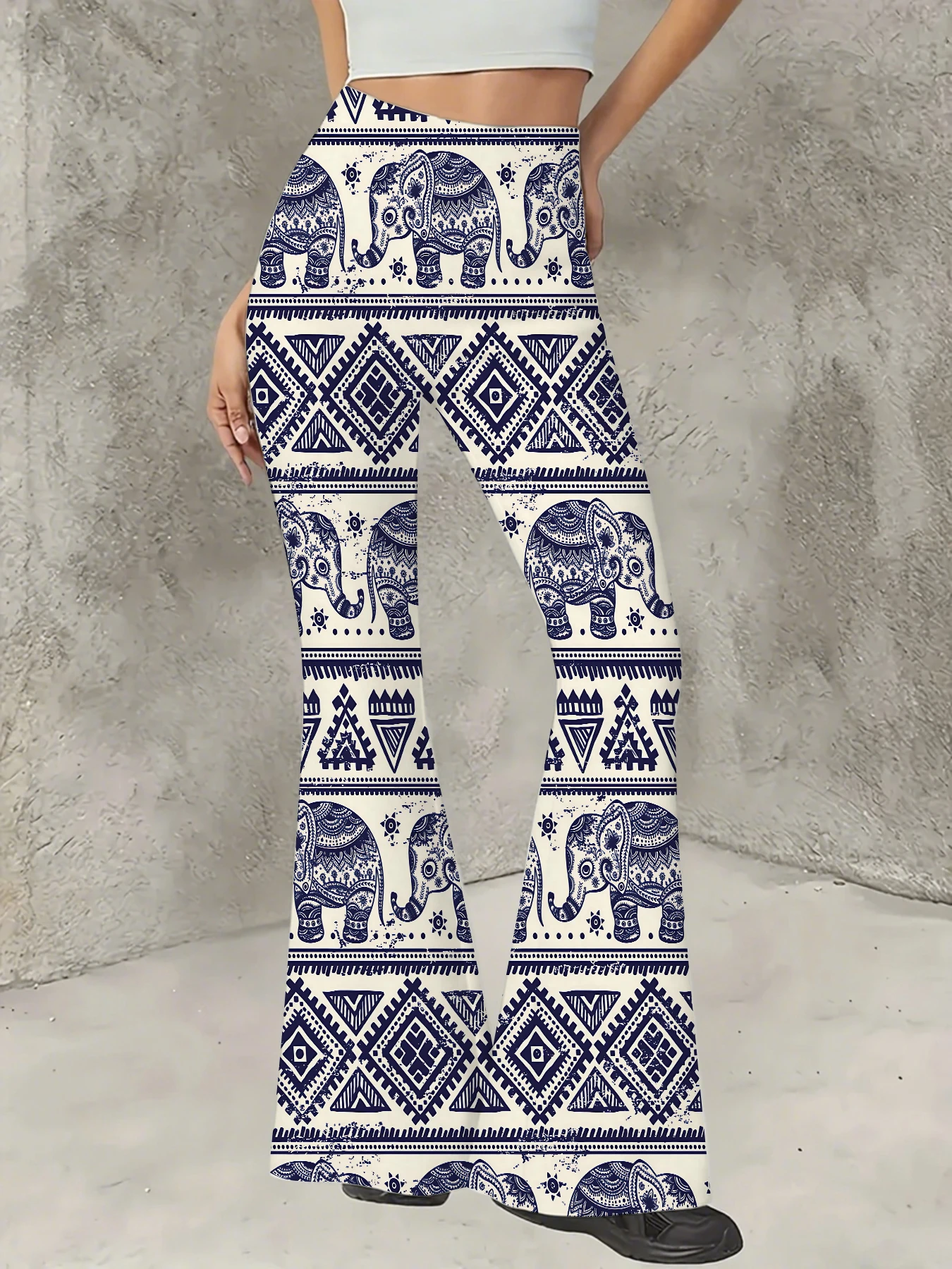 

Korean Style Printed Flare Pants Women High Waist Slim Fit Bell Bottom Leggings