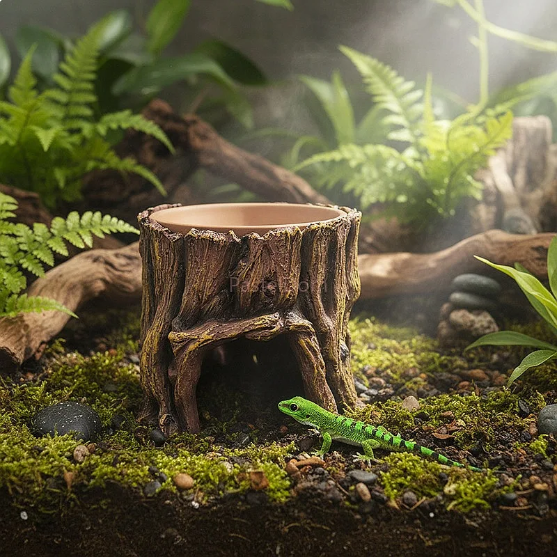 Reptile Simulated Humid Hide Cave Food Water Bowl for Bearded Dragon Leopard Gecko Lizard Hermit Crab Terrarium Decor