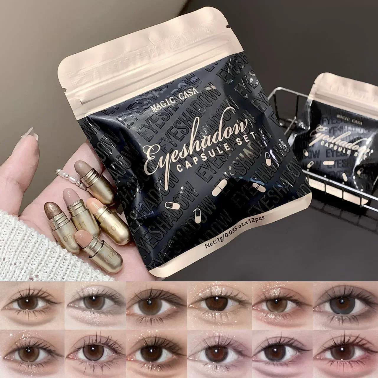 MAGIC CASA Ombretto a capsula a 12 colori Evidenzia metallizzata Under-Eye Shimmer Compatto Portatile Pratico Bellissimo accattivante