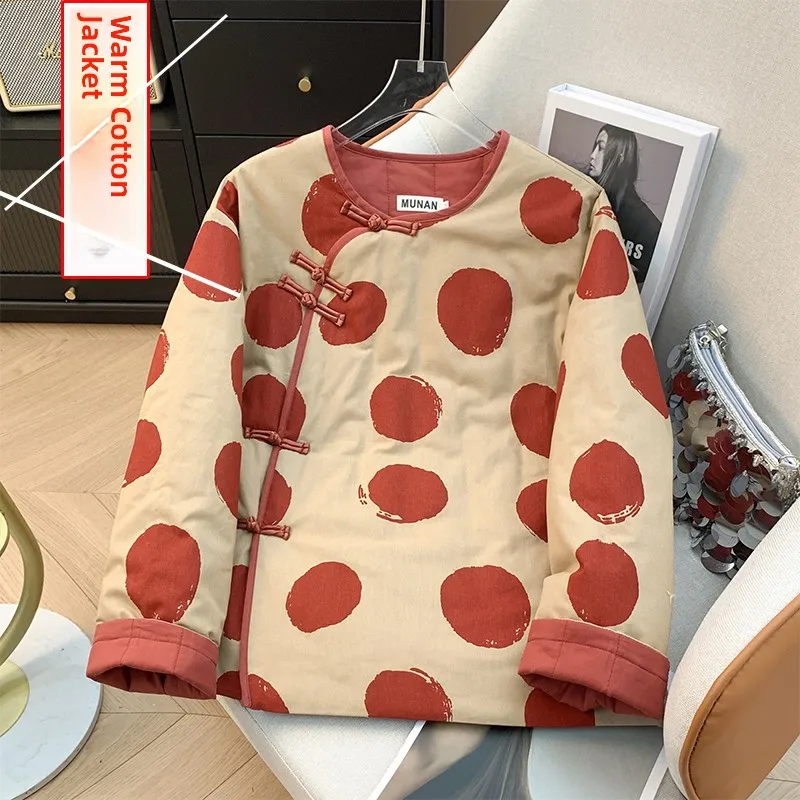 

Retro Polka Dot Cotton Jaet Women's Loose Autumn Winter New Sle Thermal Cotton Coat Chinese Sle Buttoned Cotton Clothing