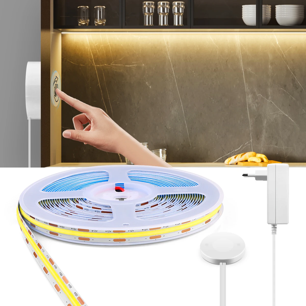 Hand Scan Induction and Touch Dimming COB LED Strip Light 24V  Waterproof LED Tape Light Ribbon Room Kitchen Cabinet Lighting