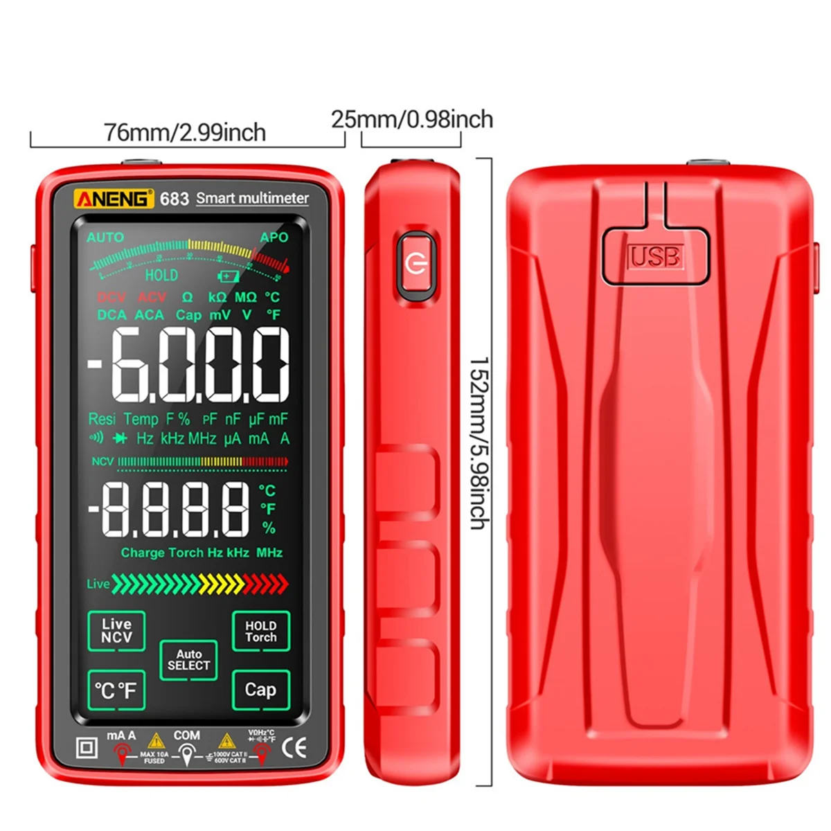 ANENG 683 Smart Multimeter High-End Touch 6000 Counts Multimetro Test Rechargeable Multitester AC/DC Voltage Tester Tool Red