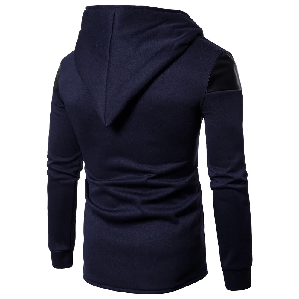 2023 Autumn/Winter New Fashion Diagonal Zipper Panel Leather Casual Men's Hooded Sweater Coat