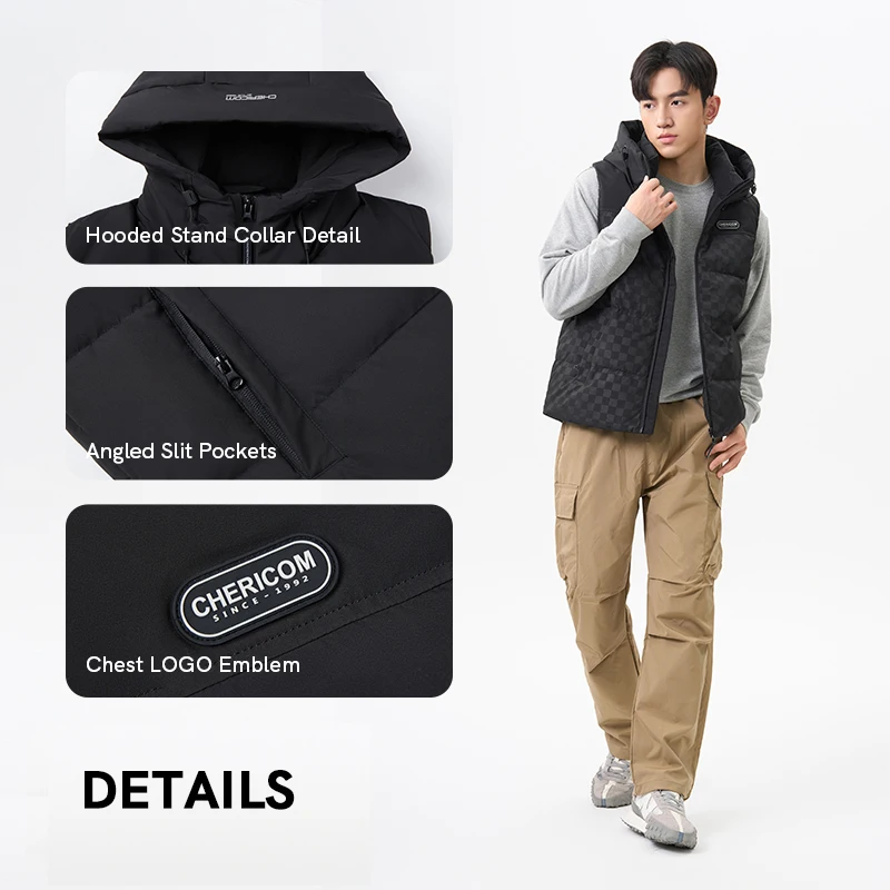 Chericom Men's Down Vest Hooded Sweatshirt Stand Collar Zippered Sleeveless Lightweight New Winter Warm  Puffer Vibe Y309953N