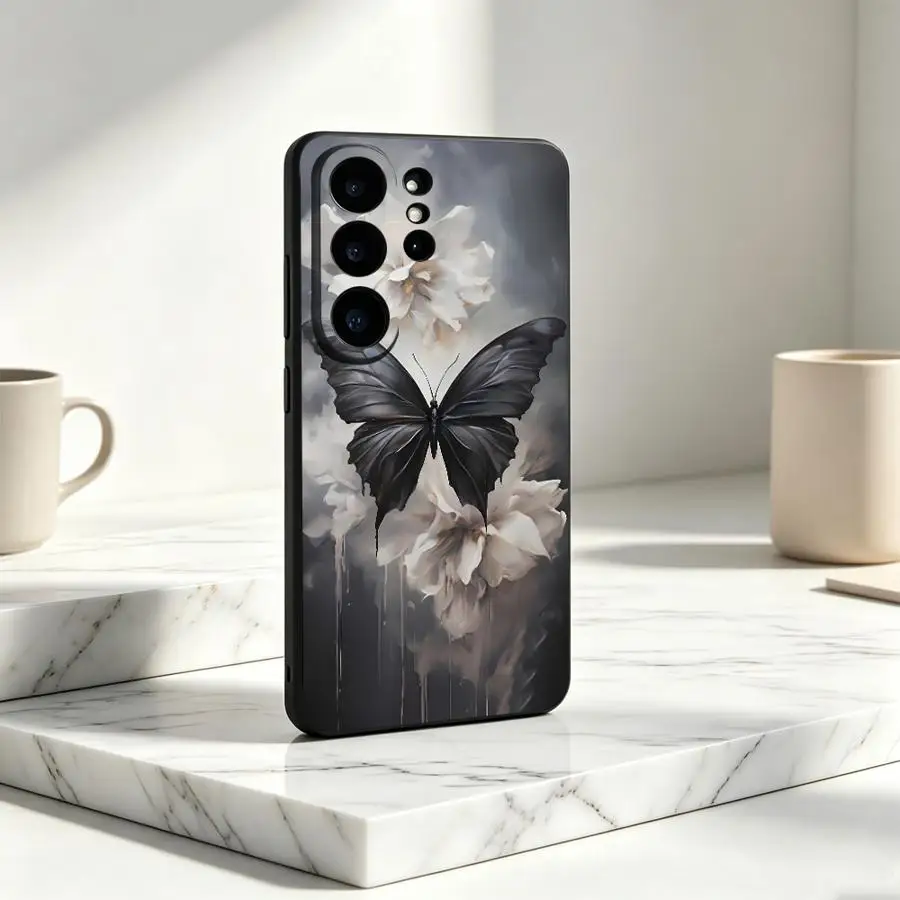 Case for Samsung Galaxy S26 S25 Edge S20 FE S23 Note 20 10 Ultra S21 Plus S24 Ultra S22 Phone Cover Black Butterfly Floral