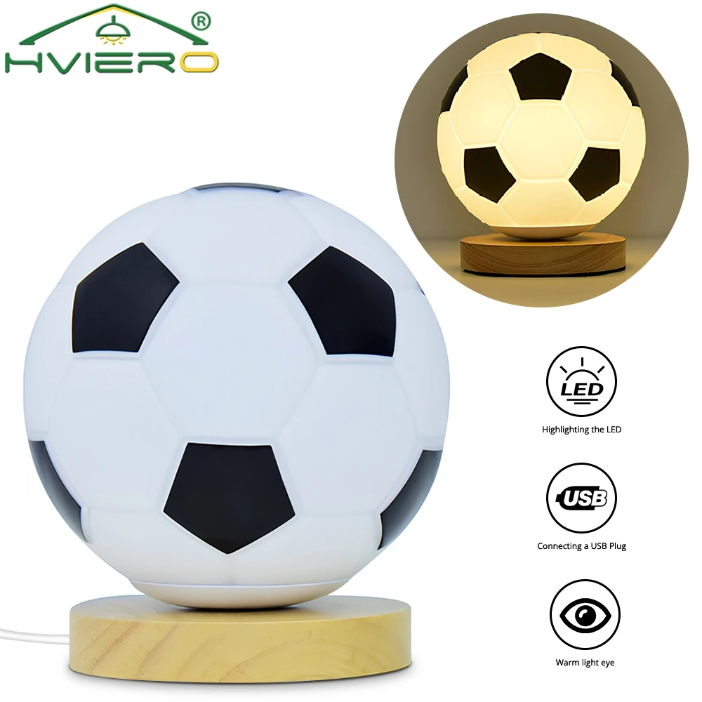 Football Solid Wood Glass Small Table Lamp Night Reading Light USB LED Circular Bedside Bed Study Decoration Remote Dimming Room