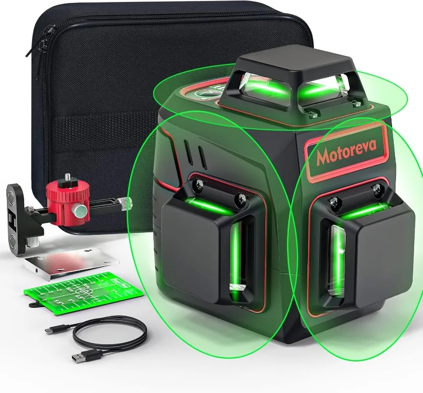 

Self Leveling Laser Level 3x360° 3D Cross Line Laser Level Green Beam, Pulse Mode Battery Indicator, Li-ion Battery