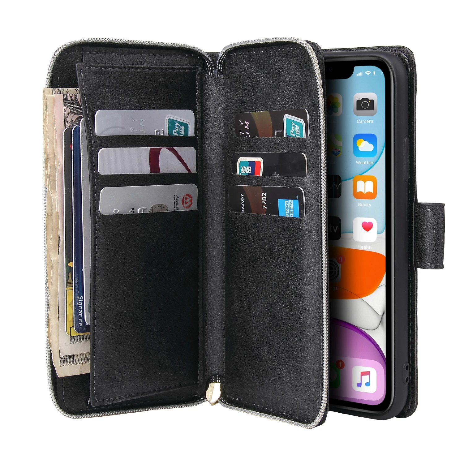 2X*Thin Nine Carat Zipper Leather Case Wallet Flip Phone Case iPhone6/6S/7/8/SE2020/SE3/11/12/13/14/15/16Pro Plus ProMax MINI