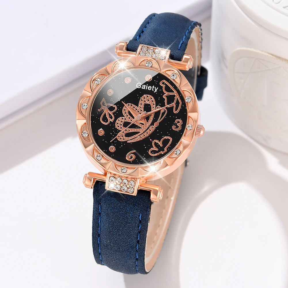 5PCS Blue Women Watch Fashion Light Luxury Butterfly Element Dial Quartz Wristwatch Leather Strap Watch Jewelry Set Gift For Her