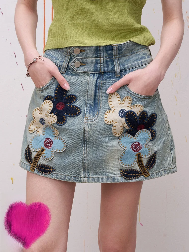 

Elegant Spring Floral Embroidery Vintage Washed Denim Skirt Women's Short Skirt Pants Pocket Design Standard Fit A-Line ...
