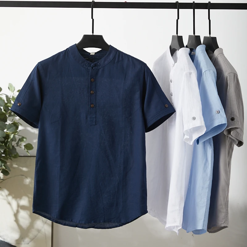 

Retro Series Men's irt Crisply Spun Cotton Linen ort Sve Stand Collar Summer New Sle Street Faion Zebra Pattern