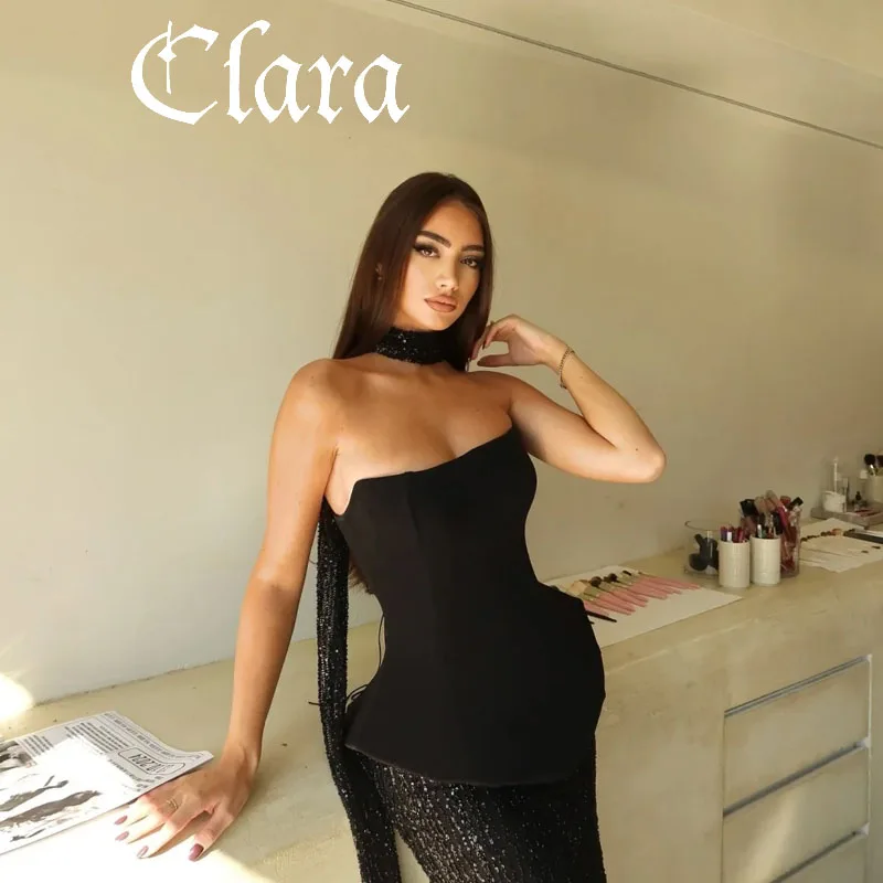 فستان سهرة من كلارا مخصص بالترتر الأسود بدون حمالات ووشحة من الساتان بطول الأرض بدون أكمام فستان زفاف 2025