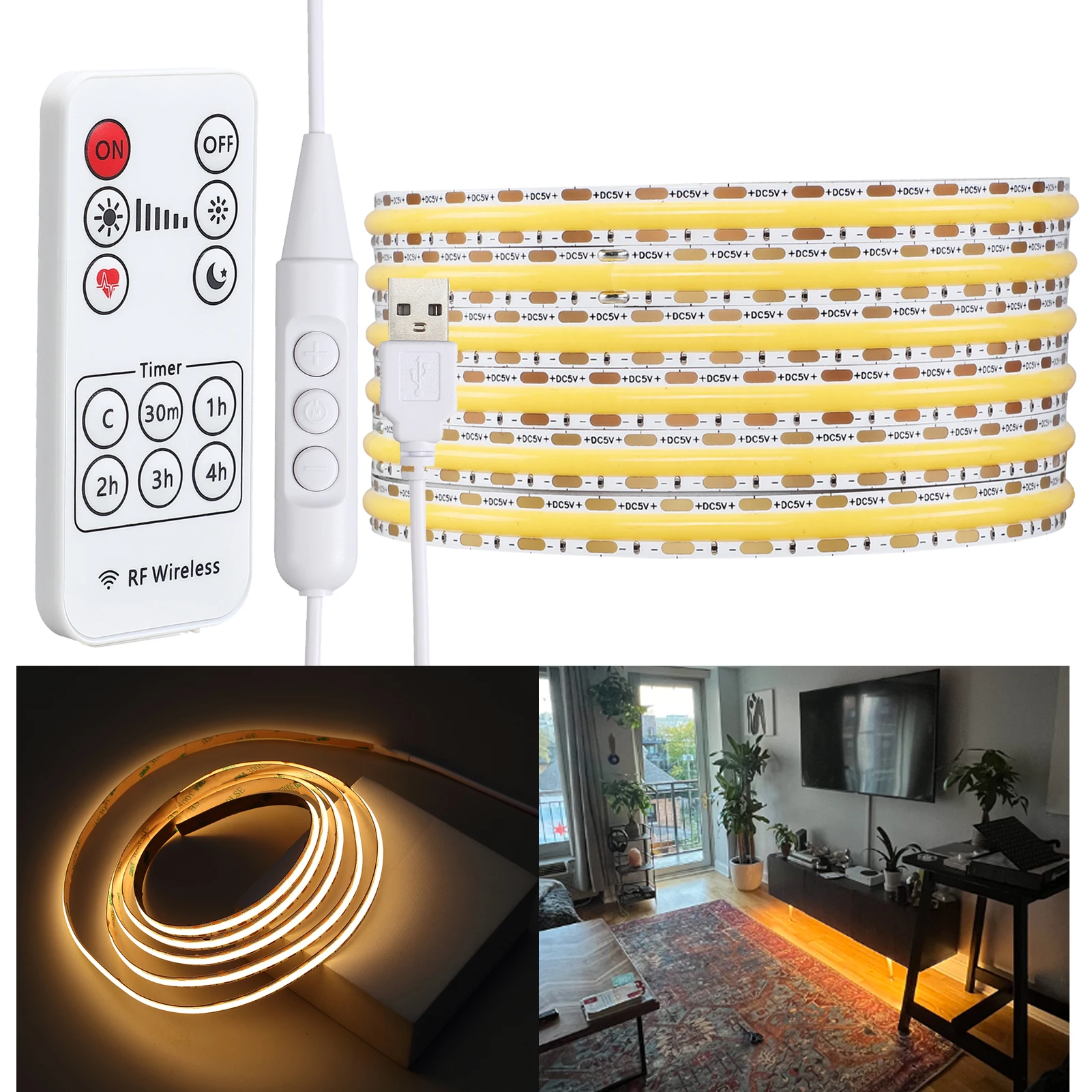 Pilot zdalnego sterowania DC5V USB COB LED Light Strip Linear Dimmable 8mm 480leds/m RA90 Elastyczny 3000K 4000K 6000K Czerwony Niebieski Zielony