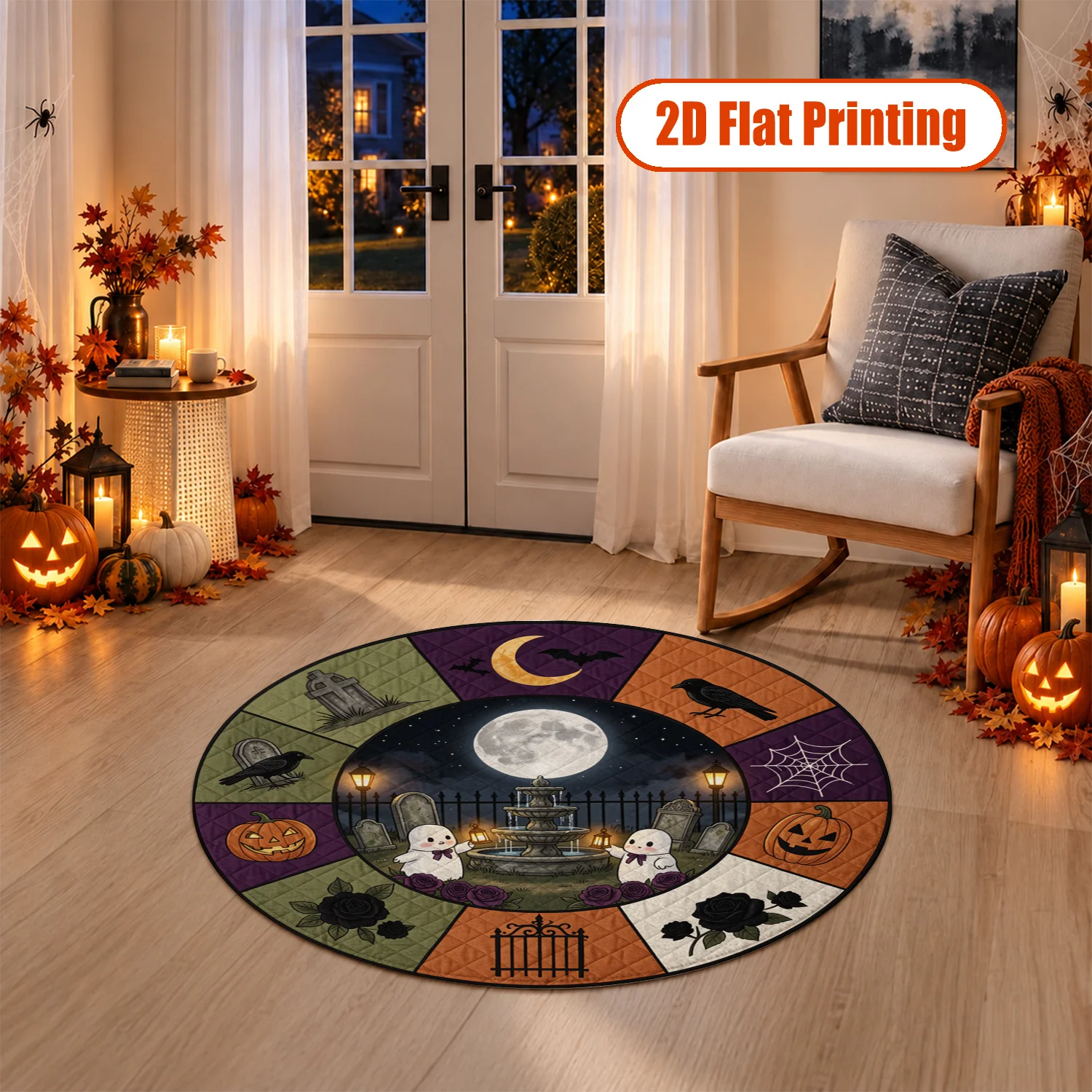 Halloween Ghost Pumpkin Cemetery Moon Bat Circular Pattern Round Floor Rug, Velvet, Machine Washable, Suitable for Living Room, Bedroom, Entryway, Dining Area, Ideal for Halloween, Thanksgiving, Christmas, New Year, Black Friday, Cyber Monday