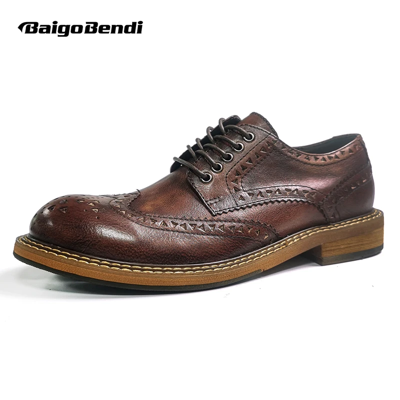 Klasyczne brązowe rzeźbione skrzydła porady Brogue buty męskie oryginalne skórzane brytyjskie w stylu Retro skóry wołowej na co dzień w stylu oksfordzkim