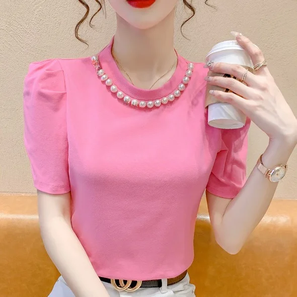 

Summer New Sle round Ne ort Sve Slim Fit T-irt Women's Korean Version Simple Ele Versatile Cotton Top