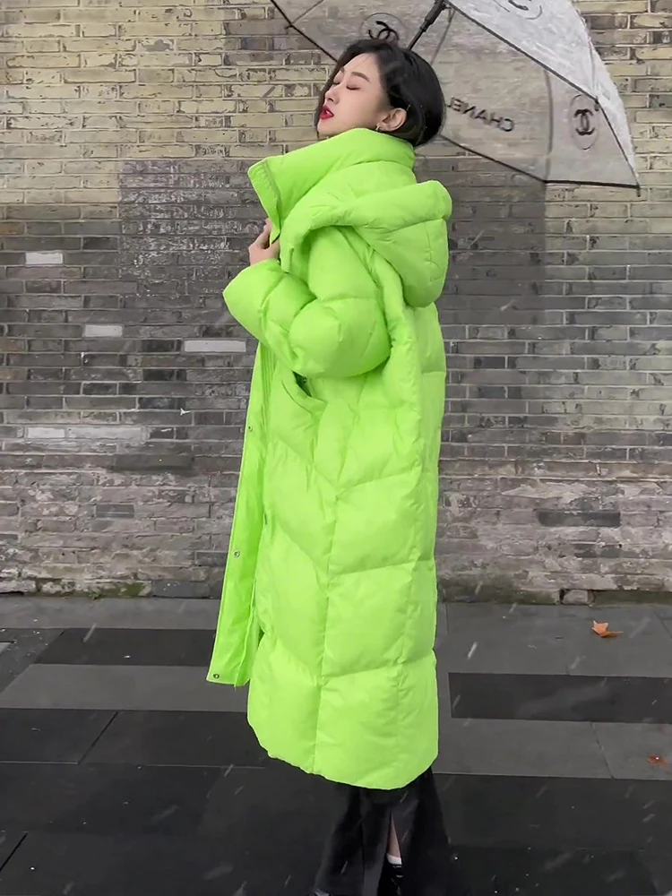 루즈핏 롱 한국 스타일 여성용 다운 재킷, 화이트, 무릎 아래까지 오는 패셔너블한 겨울 외투, 메모리 원단