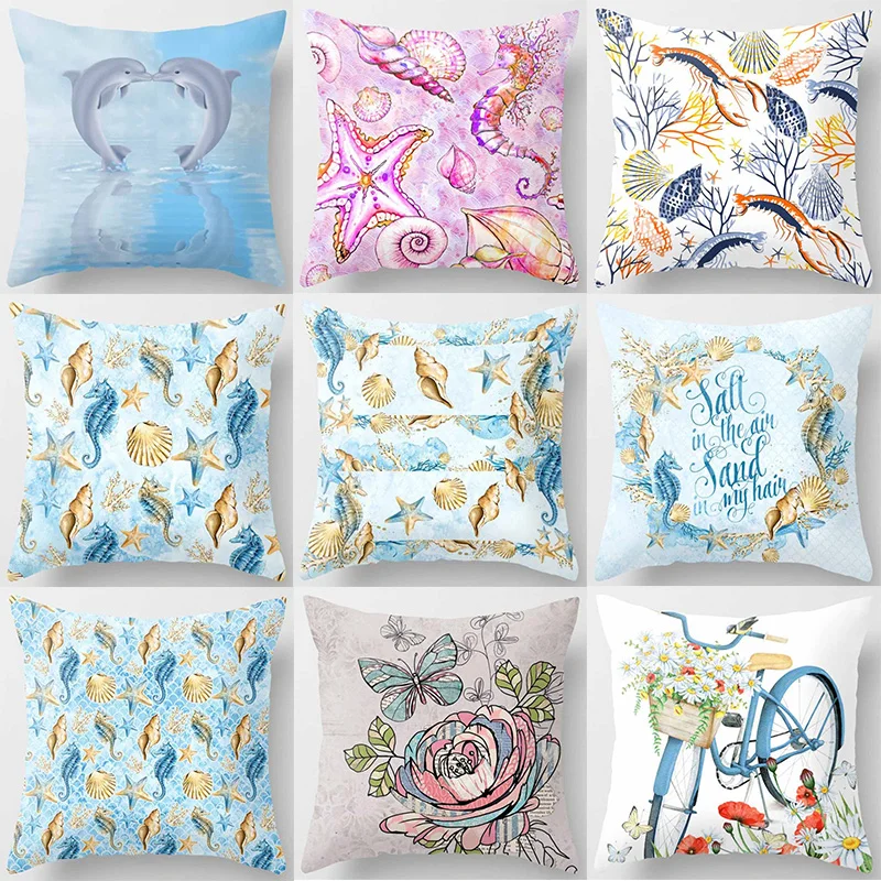 Dolphin  Marine Life Vintage Bike Pillow Covers Short Plush High Quality Thick Two Sides Printed Pattern Pillow Cases