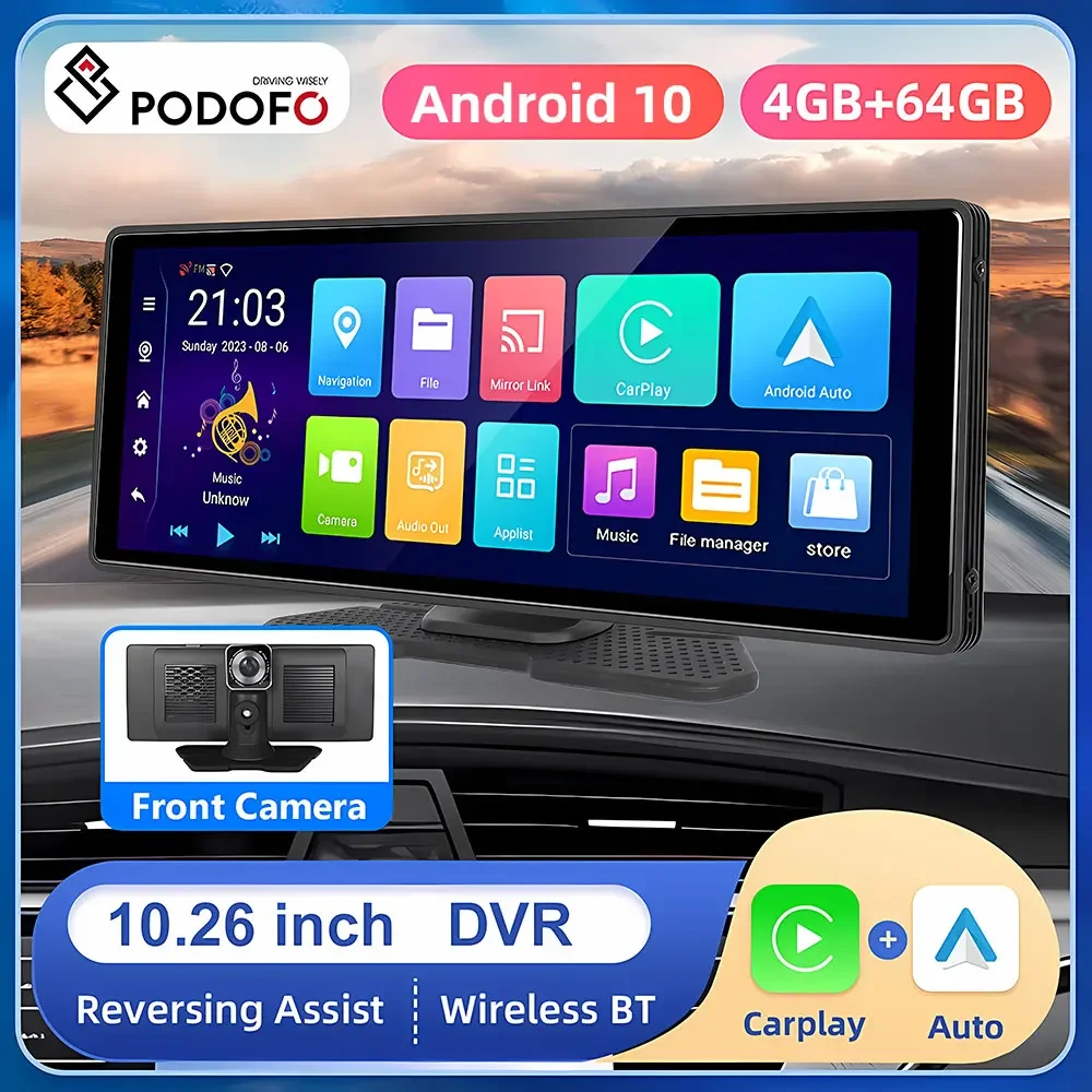 

Podofo 10.26” Android Car DVR Front Cam Dash Cam Wireless Carplay Monitor Android auto Dual Bluetooth Airplay Dashboard Recorder