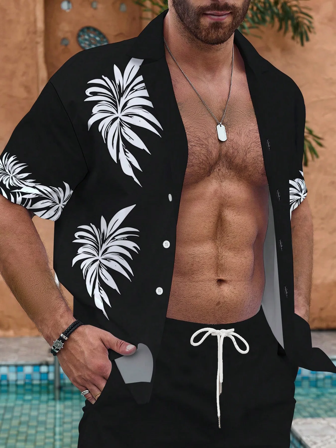 

Men's Summer Lightweight Breathable Outfit, Tropical Plant Print Shirt & Shorts for Vacation