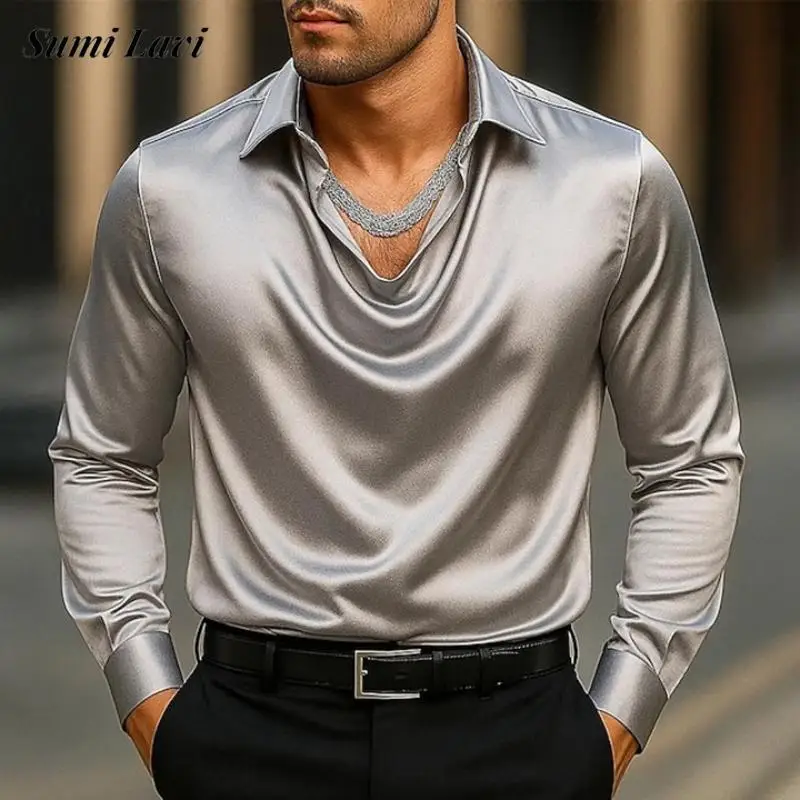 Nightclub Mens Satin Smooth Shirts Long Sleeve Turn-down Collar Draped Shirt 2026 Spring Autumn Stylish Loose Pullover Shirts