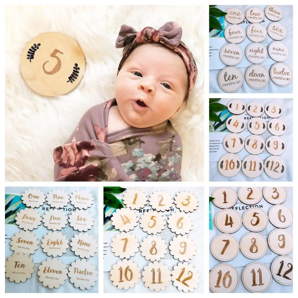 Calendar Baby Milestone Photo Props Handmade Round Newborn Growth Commemorative Card Wooden 1-12 Month