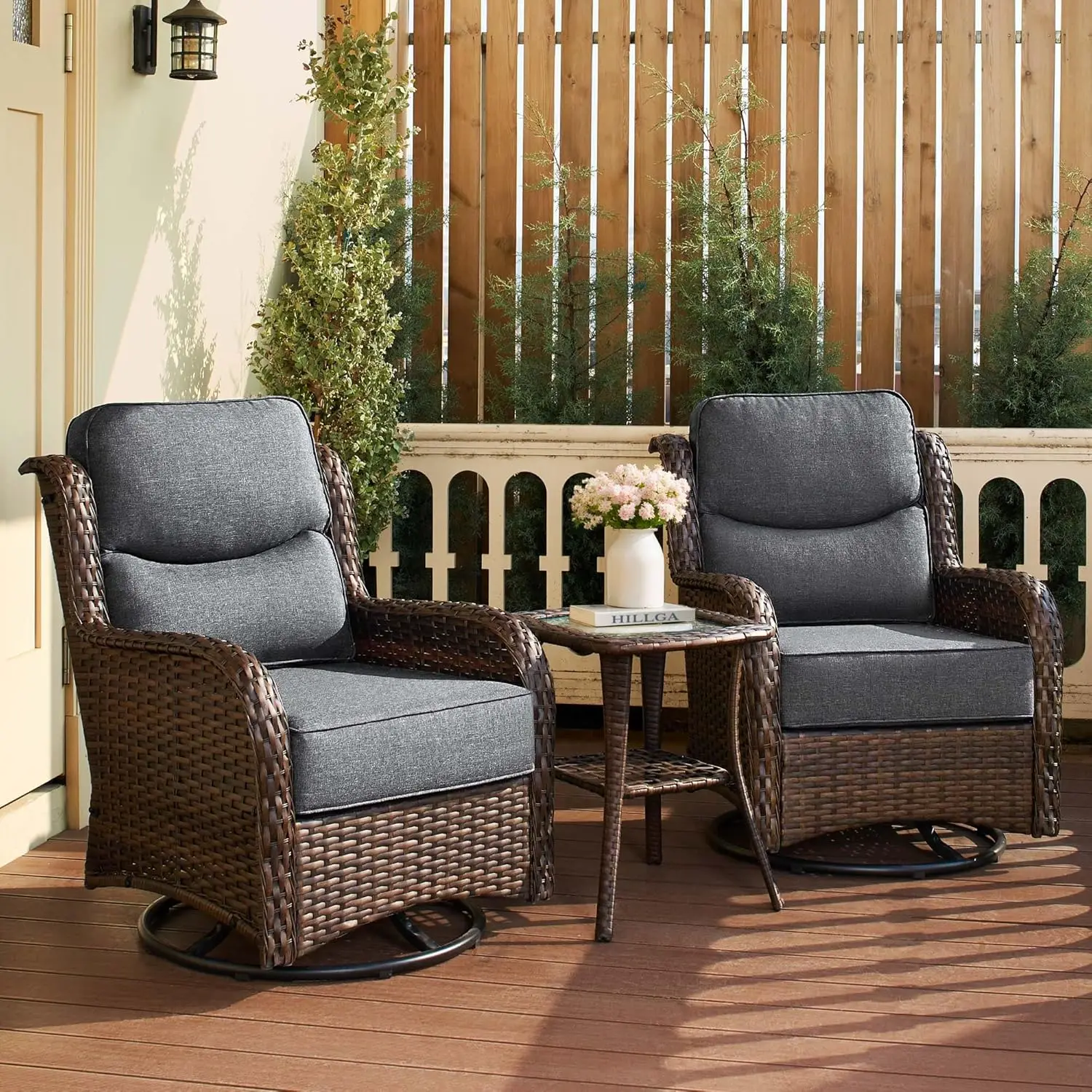 

Luxury Outdoor Patio Furniture Set with 6-Inch Thick Cushions, High Back Wicker Swivel Rocker Chairs, 3 Pcs All Weather, Custom