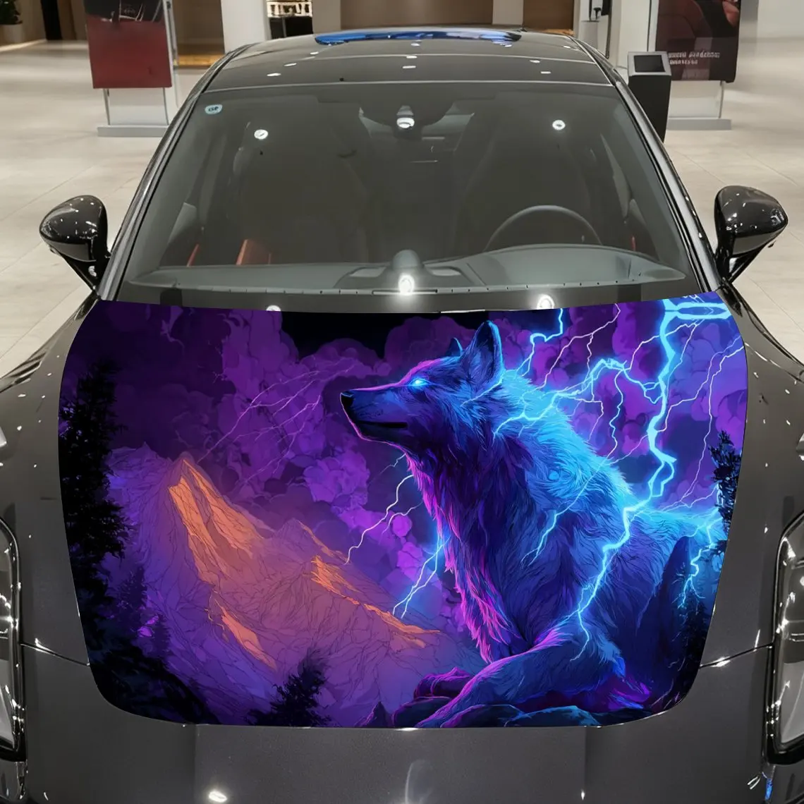 

Purple Lightning Wolf Thunder Realm Mountain Forest Car Vinyl Wrap, PVC Material Waterproof Car Hood Sticker, Self-Adhesive Scra