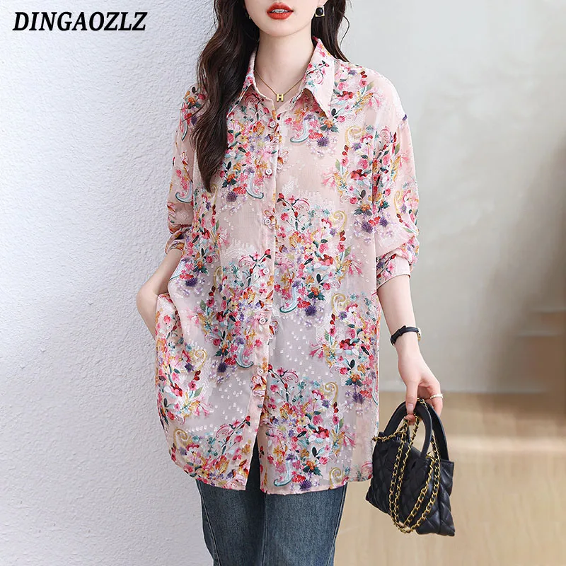 

European Style Jacquard Printed Shirt Turn Down Collar Women Chiffon Blouse Single Breasted Long Sleeve Loose Tops