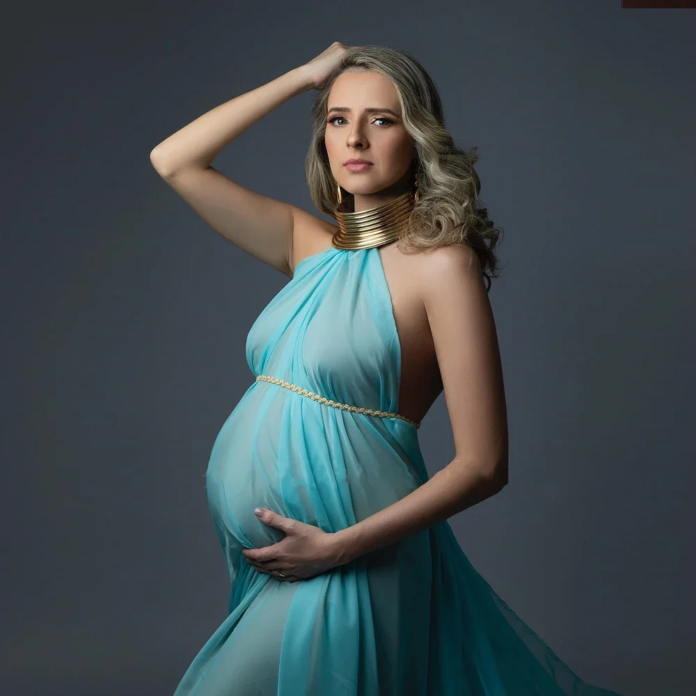 Pregnant Women Chiffon fabric Photography Gown Sexy Elegant Long Maternity Dresses Gold Leather African Accessories Posing Props