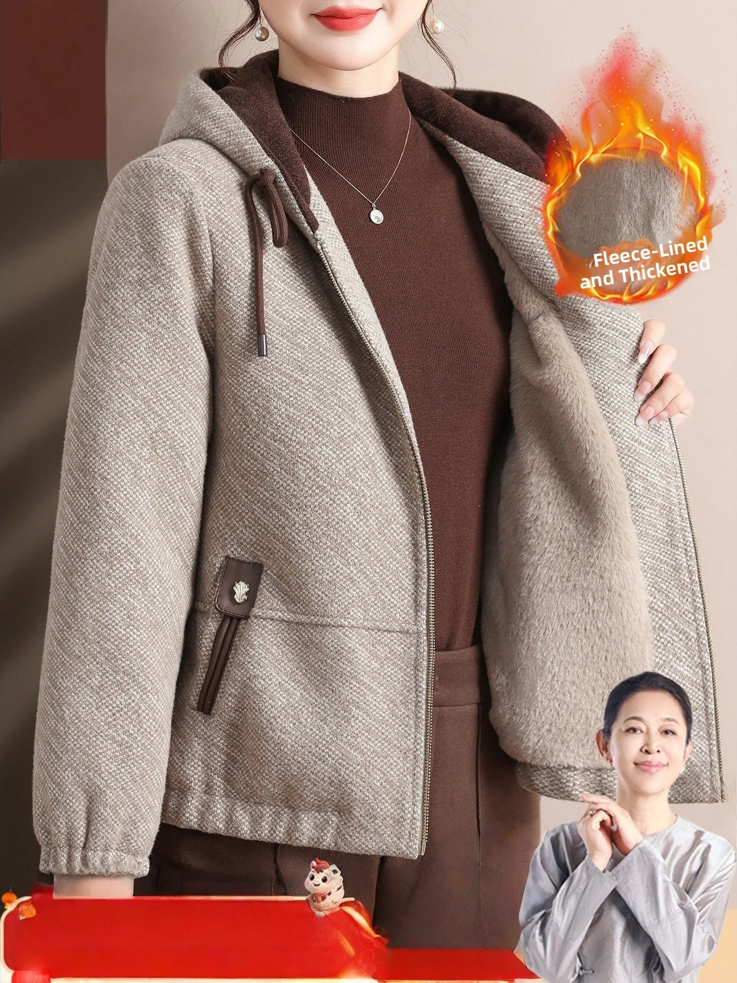 

Thickened Fur Coat Warm Cotton Woolen Winter Outerwear for Elderly Women Fashionable Casual Style Hat Included Eco-friendly
