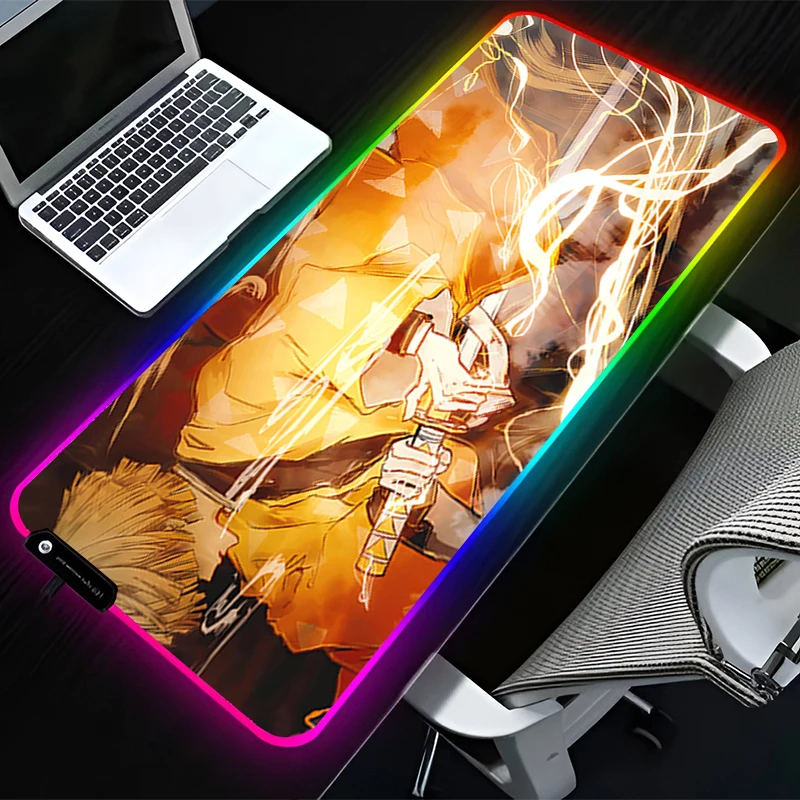 RGB LED Mouse Pad Rubber Mousepad Laptop Gaming Mats PC Accessories Extended Pad Office Non Slip D-demon Slayer Zenitsu Desk Mat