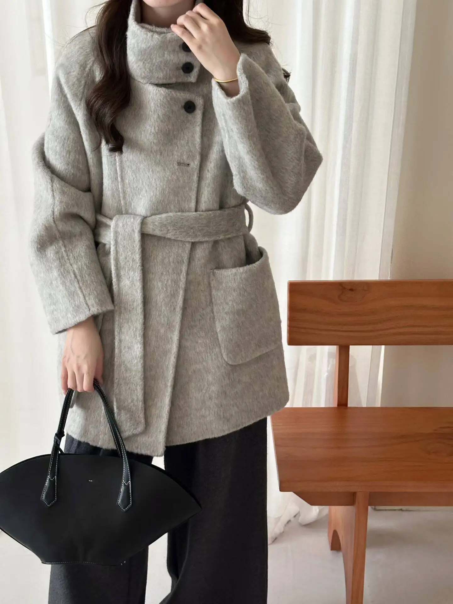 Autumn Winter Stand Collar Solid Double Sided Wool Overcoat Double Sided Fabric Coat Woman Single Breasted Lace Up Woolen Jacket