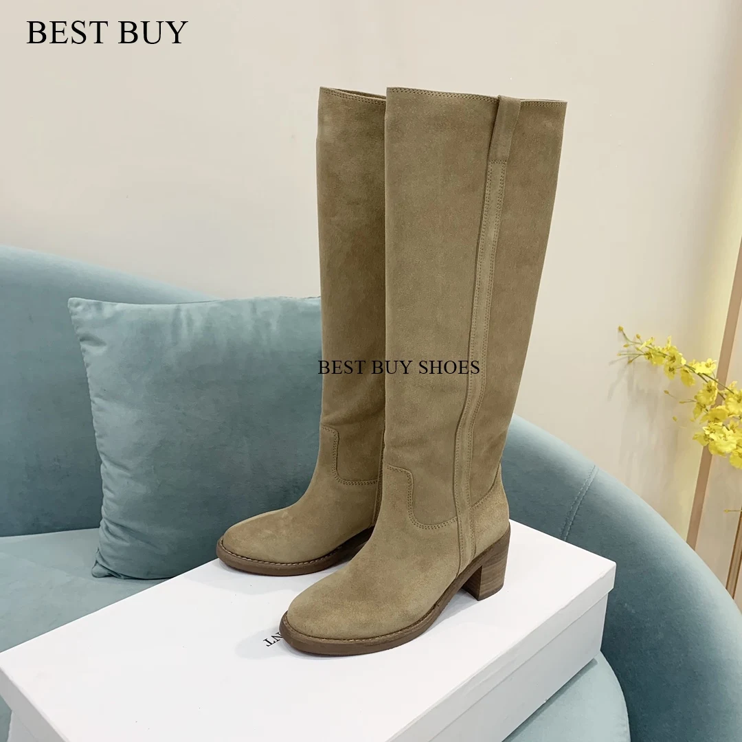 big size 35-43 Square thick High Heel Women Winter Boots rouned Toe Knee High Boots Real Suede Leather Warm Sexy Fashion 2024