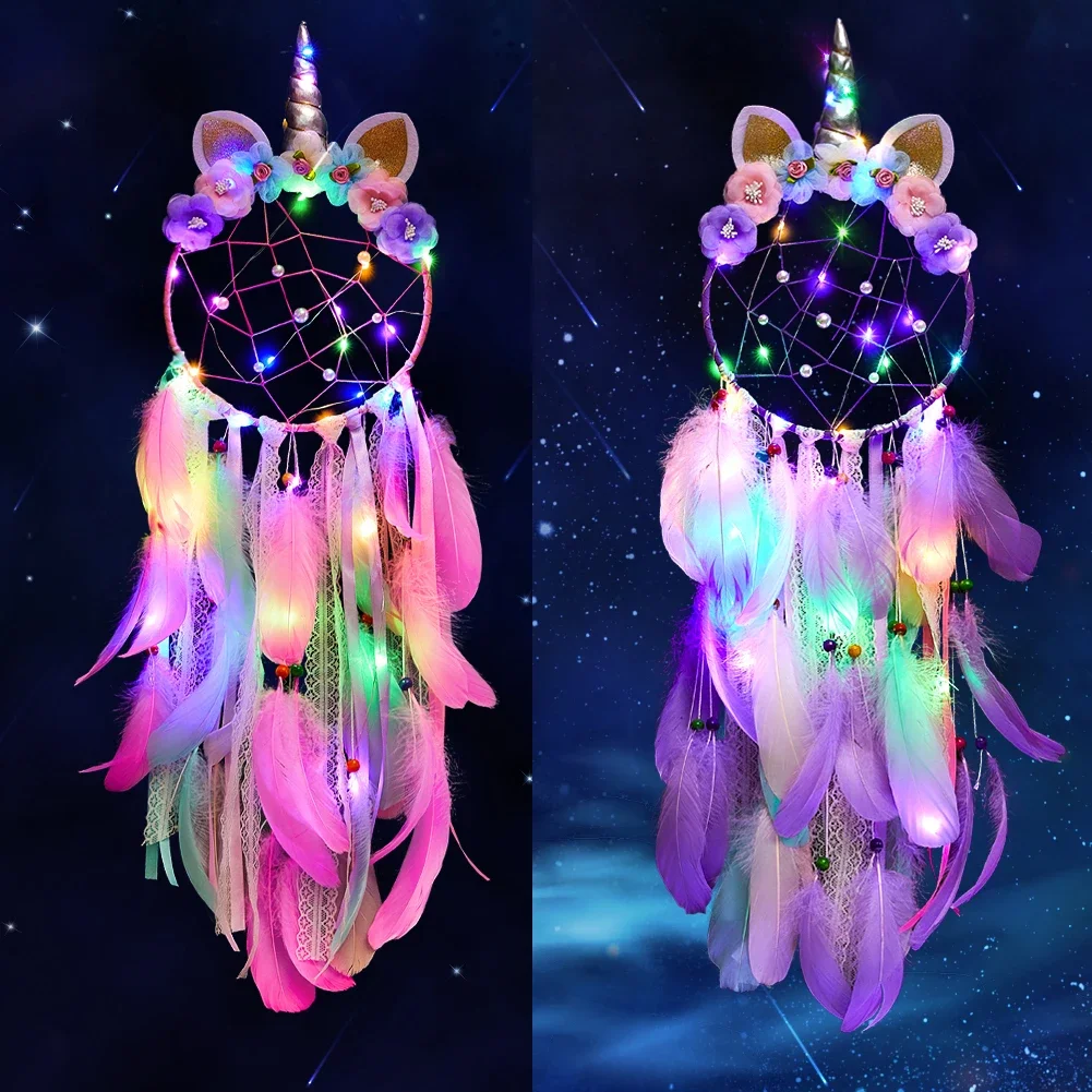 Unicorn Dream Catcher Boho Kawaii Room Decor Christmas Decoration Home Decor Wall Hanging NurBaby Bedroom LED Gift Dreamcatcher