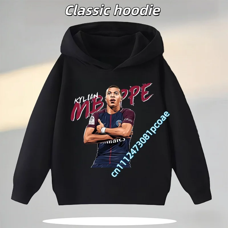 Mbappé children's hooded sweatshirt, boy's sports shirt, casual top, football star cartoon print, long-sleeved, autumn-winter