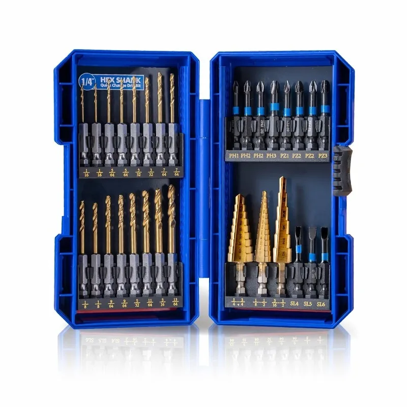 

30PCS Impact Driver Bit Set Include Screwdriver Bit Set,Step Drill Bit,Hex Shank Drill Bit with Tough Stackable Case