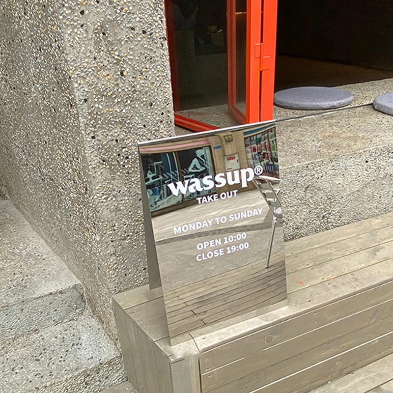 Mirror stainless steel display sign, floor standing sign billboard, vertical sign customization at the outdoor entrance of the