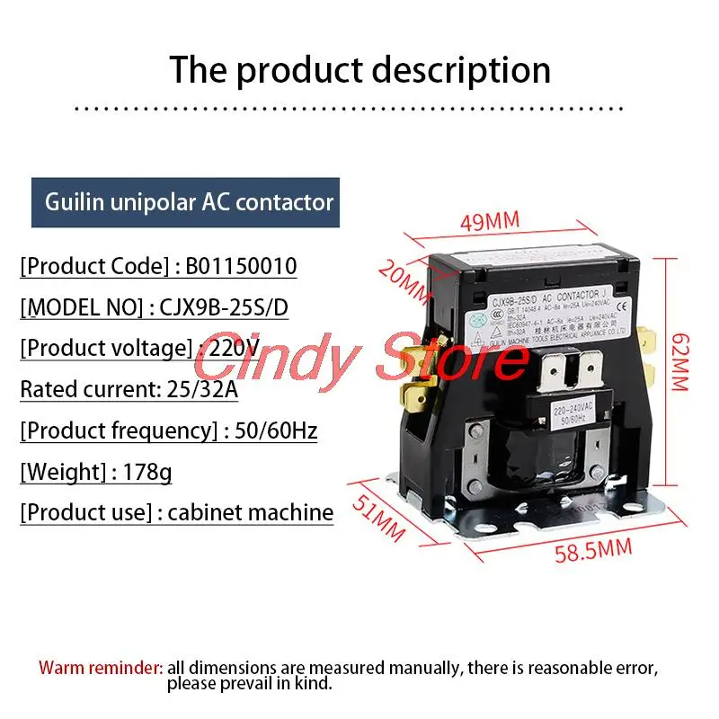 Imagem -03 - Contator de ar Condicionado Single Duplo Pólo Cjx9b25s d ac 220v Bobina de ar Condicionado Contator Magnético 1pc ac