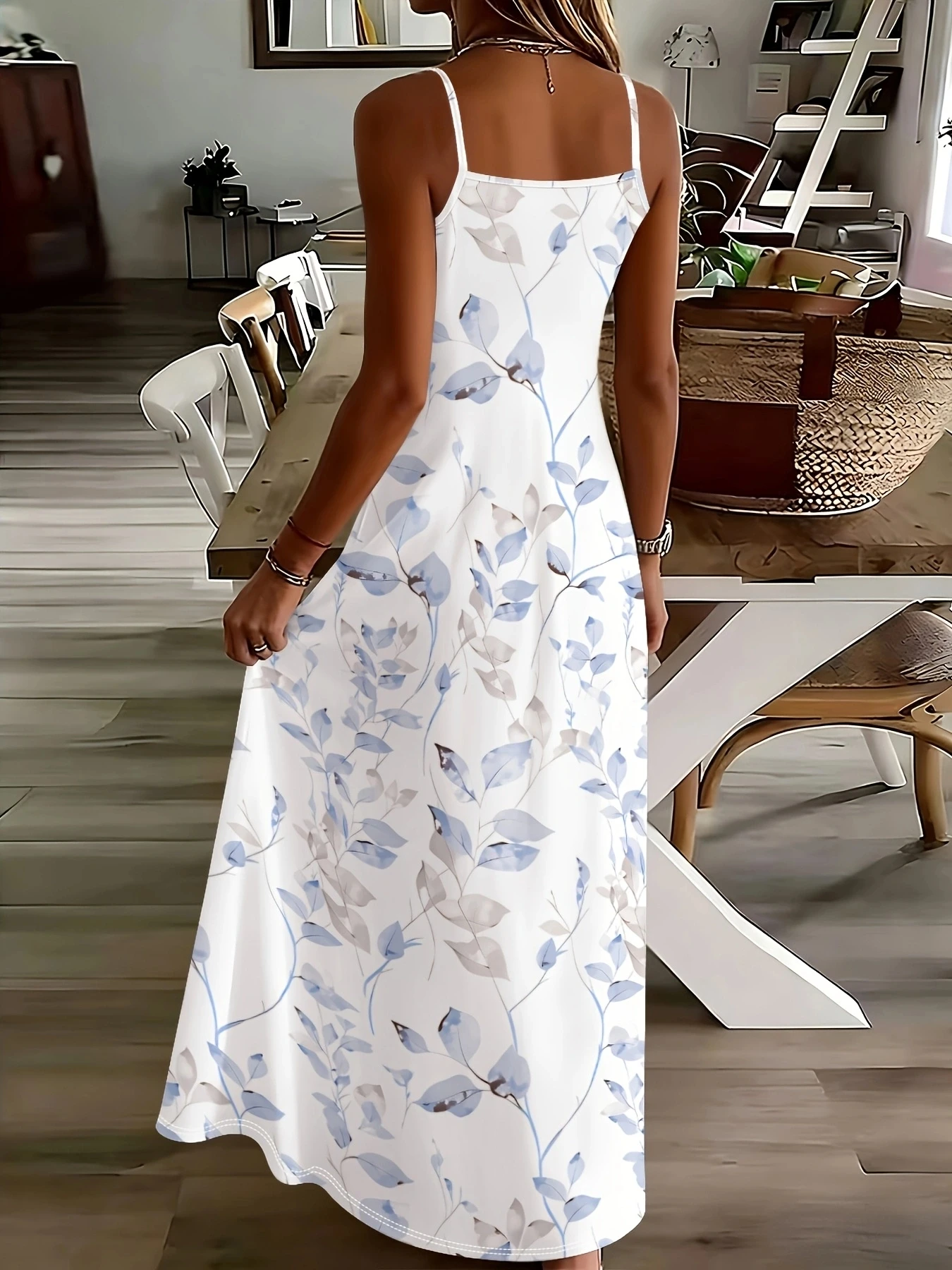 Printed Design Casual style blue leaf flower pattern slim shoulder strap dress