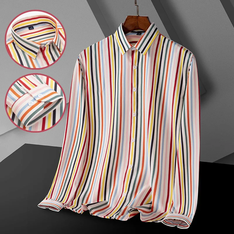 

Новая мода в полоску, эластичная смесь полиэстера, свободный дизайн, мужские рубашки, деловая повседневная одежда, мужская одежда с длинными рукавами и грудью