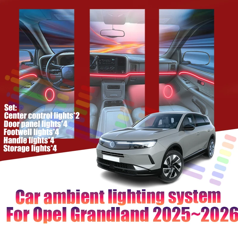 Für Opel Grandland 2025~2026 MK2 Auto LED Ambientebeleuchtung Farbige Atmosphärenlichter Auto-Innenraum Neonstreifen 64 RGB Beleuchtung
