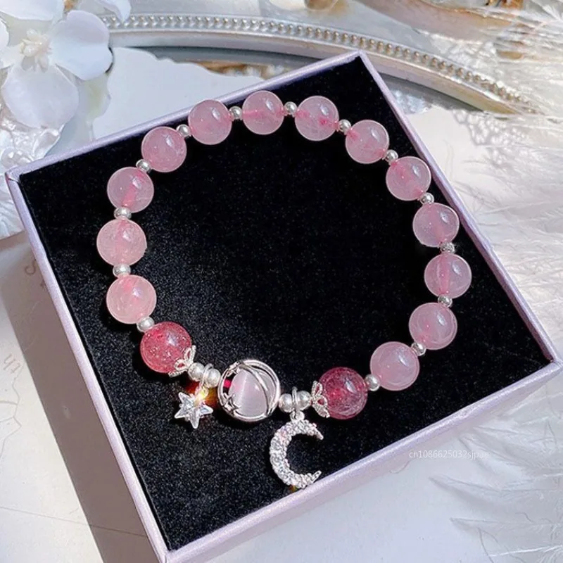 2025 New Simple Beads Crystal Bracelet for Women Sweet Star Moon Chain Pendant Charm Bracelets Jewelry Valentine's Day Gift